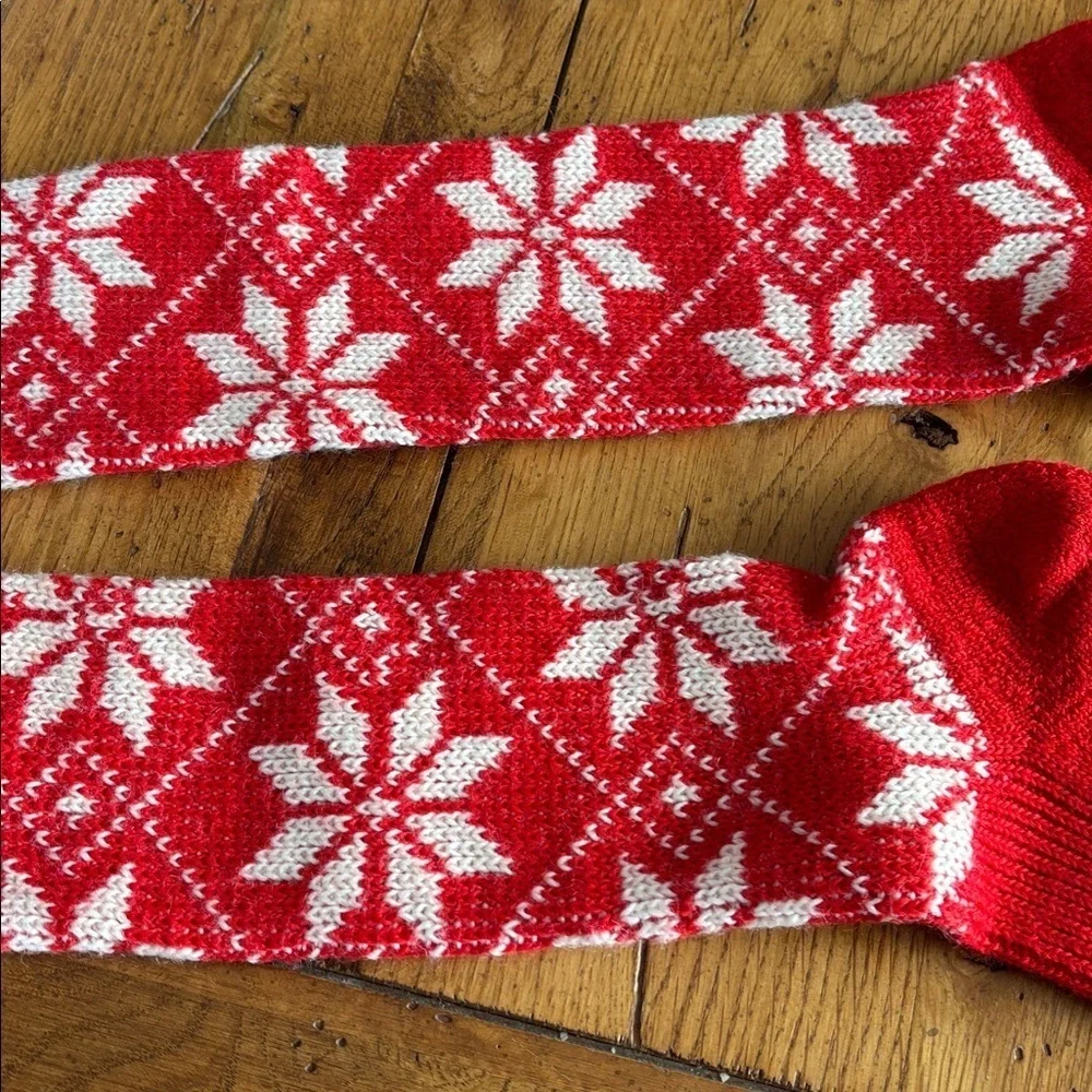 Red and White Snowflake Patterned Knee-High Socks Unisex Stretch Holiday Cabin